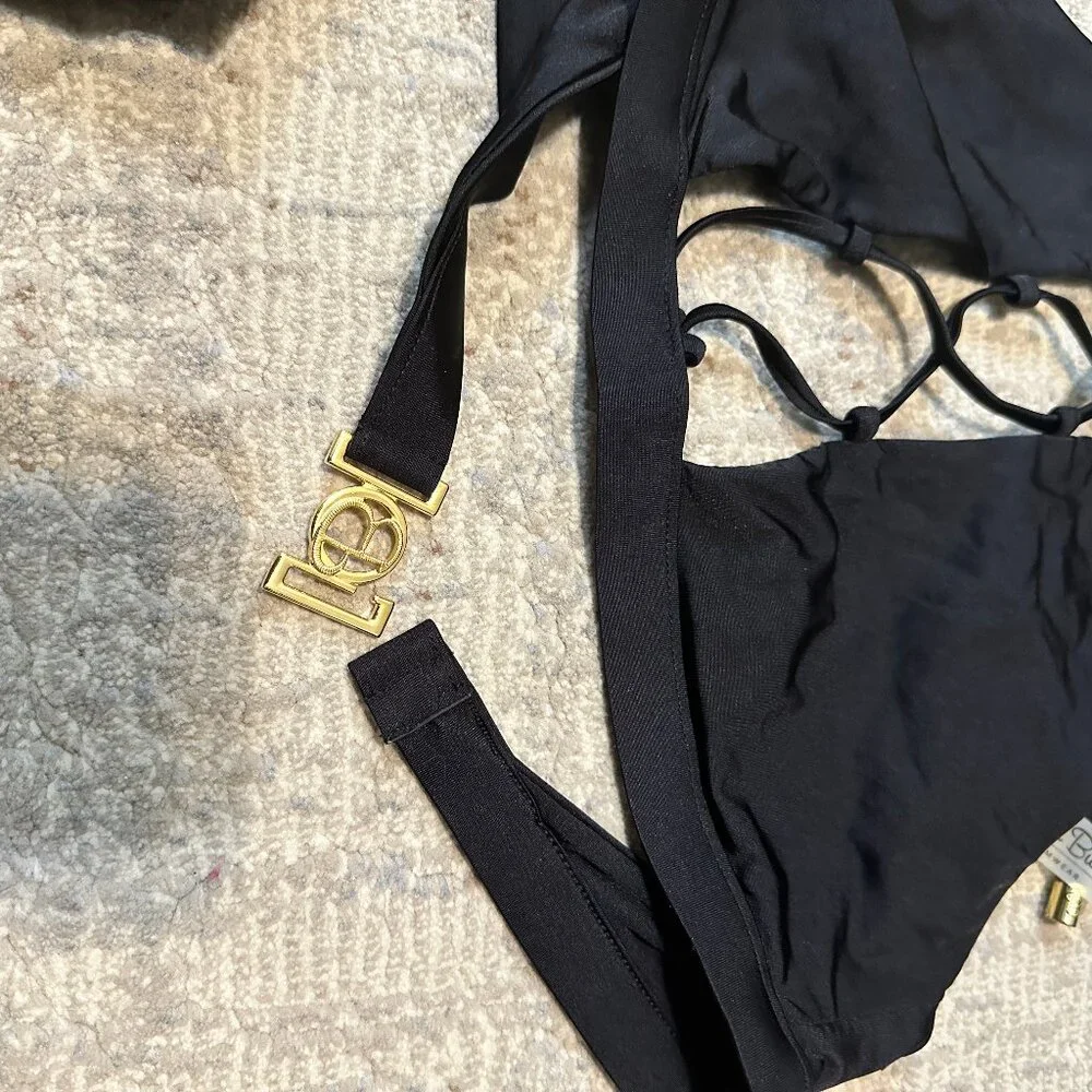 Beach Bunny 3-pc swimwear skylar wrap Halter Swim top High Waist bottom black